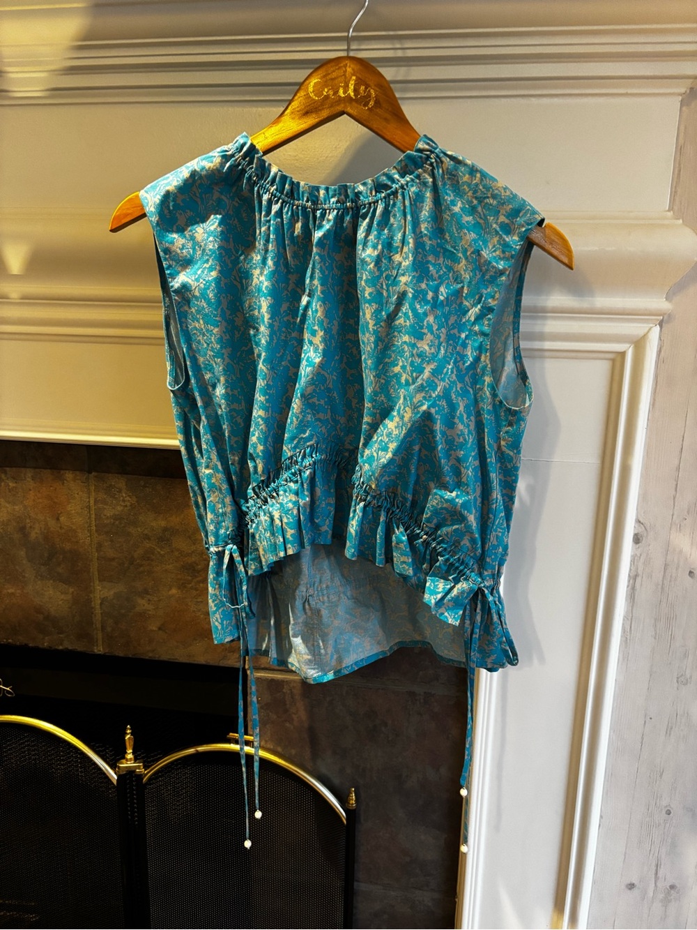 Thakoon Turquoise Floral Sleeveless Tie-Hem Blouse